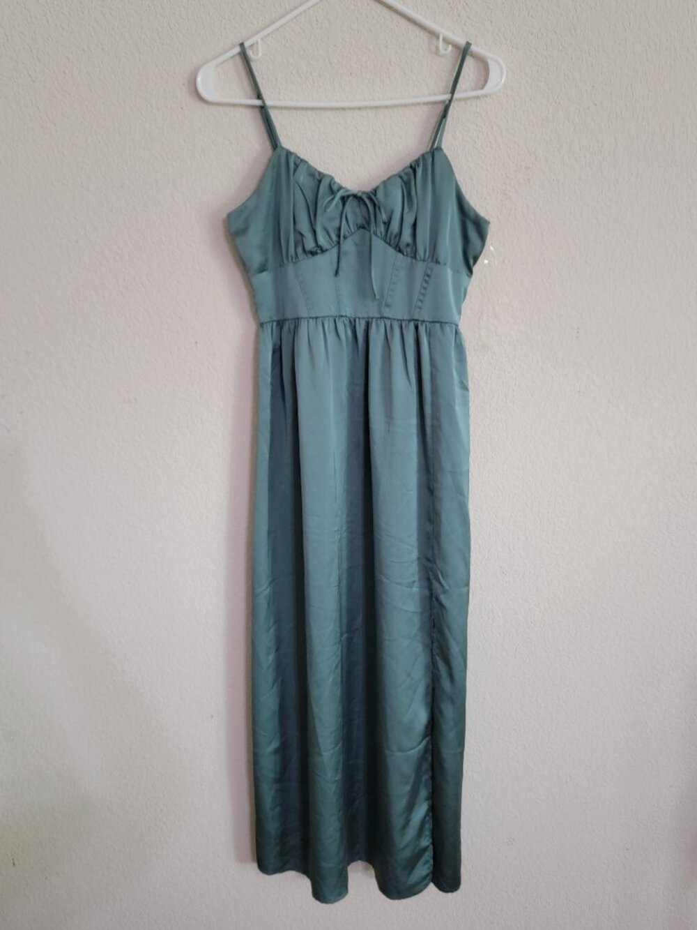 Charlotte Russe Sage Green Satin Maxi Dress Slit Tie Front Smocked Back